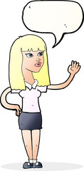 cartoon pretty woman waving with speech bubble