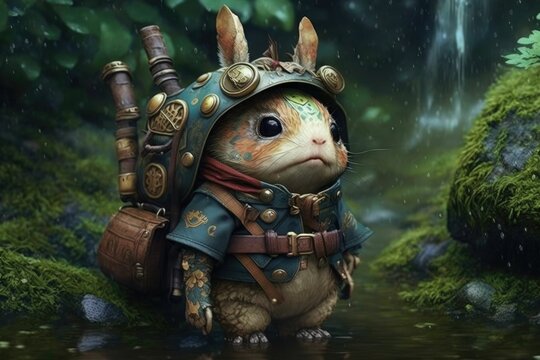 Cute Little Anthropomorphic Swamp Rabbit Wearing A Warrior Suit. Generative AI.