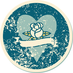 distressed sticker tattoo style icon of a heart rose and banner