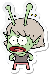 sticker of a cartoon shocked alien girl