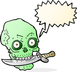 cartoon pirate skull with knife in teeth with speech bubble
