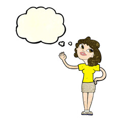 cartoon woman waving  with thought bubble