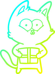 cold gradient line drawing cartoon cat holding christmas present