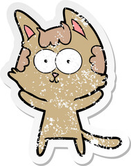 distressed sticker of a happy cartoon cat