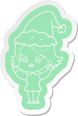 cartoon  sticker of a stressed woman wearing santa hat