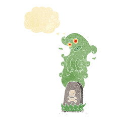 cartoon ghost rising from grave with thought bubble