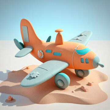 Cartoon plane made of plasticine, 3d. AI generative.