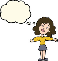 cartoon woman with open arms with thought bubble