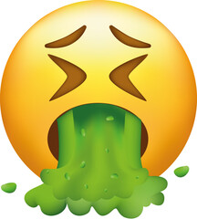Vomiting emoji. Emoticon throwing up, yellow face with X-shaped eyes spewing green vomit