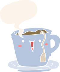 cute cartoon cup and saucer and speech bubble in retro style