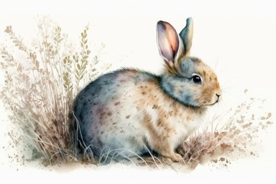 Rabbit in watercolor on a white background. Hand drawn watercolor illustration of a plant. Watercolor animal. Cute fluffy Bunny. Generative AI