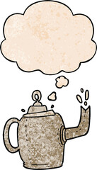 cartoon old kettle and thought bubble in grunge texture pattern style