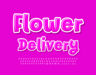 Vector business logo Flower Delivery. Cute pink Font. Artistic set of Alphabet Letters, Numbers and Symbols