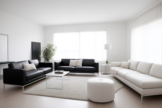 White living room with black and white couches, table, large window and white walls. Minimalism. Generative AI technology.