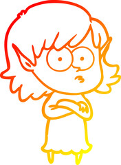 warm gradient line drawing cartoon elf girl staring