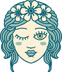 tattoo style icon of a maidens face winking