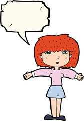 cartoon woman shrugging shoulders with speech bubble