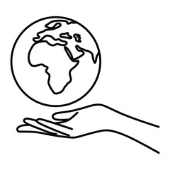 earth day logo, black and white line art, right hand holding earth, editable outline