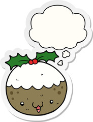 cute cartoon christmas pudding and thought bubble as a printed sticker