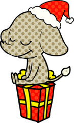 comic book style illustration of a smiling elephant wearing santa hat
