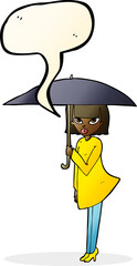 cartoon woman with umbrella with speech bubble