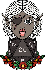 elf rogue character with natural twenty dice roll illustration