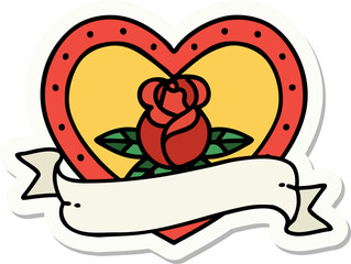 tattoo style sticker of a heart rose and banner