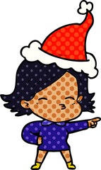 comic book style illustration of a woman pointing wearing santa hat