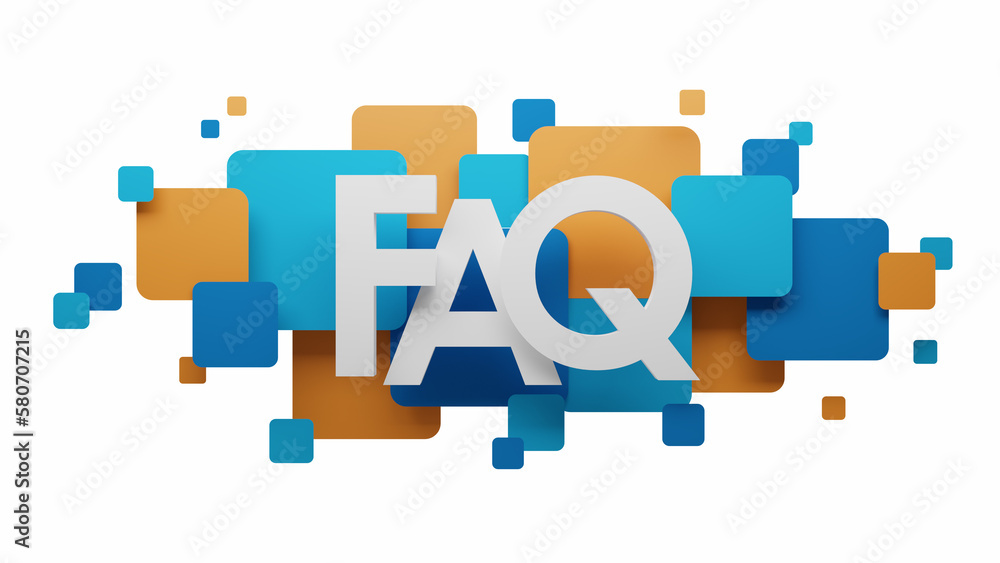 Poster 3d render of faq on blue and orange squares on transparent backgrouns
