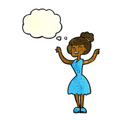 cartoon woman with raised arms with thought bubble