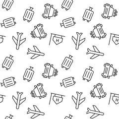 Seamless pattern of taxi, airplane, signboard made of line icons