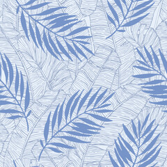 Hand drawn palm leaves silhouettes and banana line art of background