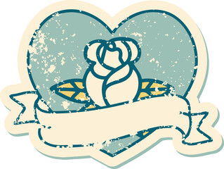 distressed sticker tattoo style icon of a heart rose and banner