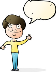 cartoon happy man waving with speech bubble