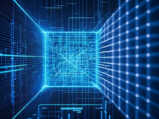 abstract technology blue background with growing lines. Abstract technology design with neon colors and grid lines. Representing chips, ai, machine learning, gpu, cpu, computer, internet, cloud, gpt 