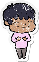 distressed sticker of a cartoon happy boy
