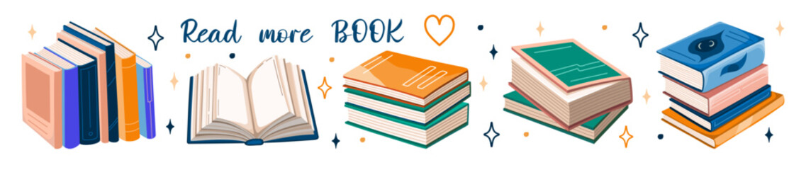 Naklejka premium Set of books stickers. Open book, plant, and stacks of books to read in flat design style. Read more book. Vector.