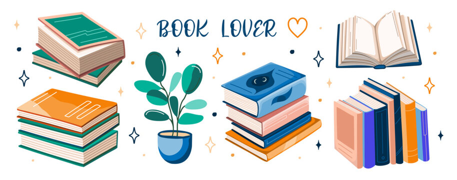 Set of books stickers. Open book, plant, and stacks of books to read in flat design style. Book lover. Vector.