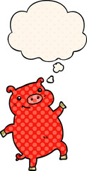 cartoon dancing pig and thought bubble in comic book style