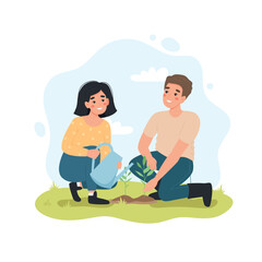 Couple gardening together. Man and Woman planting and watering plants in spring. Cute vector illustartion in flat cartoon style