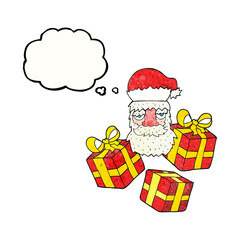 thought bubble textured cartoon tired santa claus face with presents
