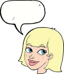 cartoon happy female face with speech bubble