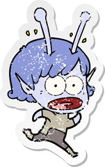 distressed sticker of a cartoon shocked alien girl
