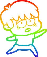 rainbow gradient line drawing cartoon exhausted boy