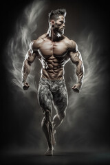 Fototapeta na wymiar Dynamic male bodybuilder running with intense focus, muscles detailed and pronounced.