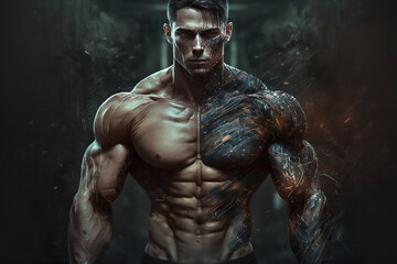 Fototapeta na wymiar Portrait of an athlete on a dark background. Powerful male fitness model poses in a dark setting, demonstrating peak physical form and muscle.