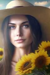 Elegant woman with a sun hat surrounded by sunflowers, epitomizing summer beauty and nature's allure.