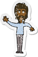 retro distressed sticker of a cartoon waving man with mustache