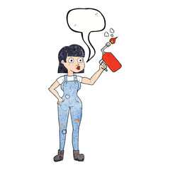 speech bubble textured cartoon woman in dungarees