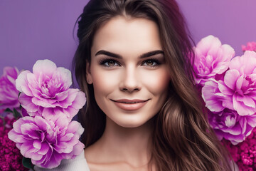 Obraz na płótnie Canvas Woman with peonies, presenting a fresh and radiant complexion, ideal for beauty and skincare concepts.